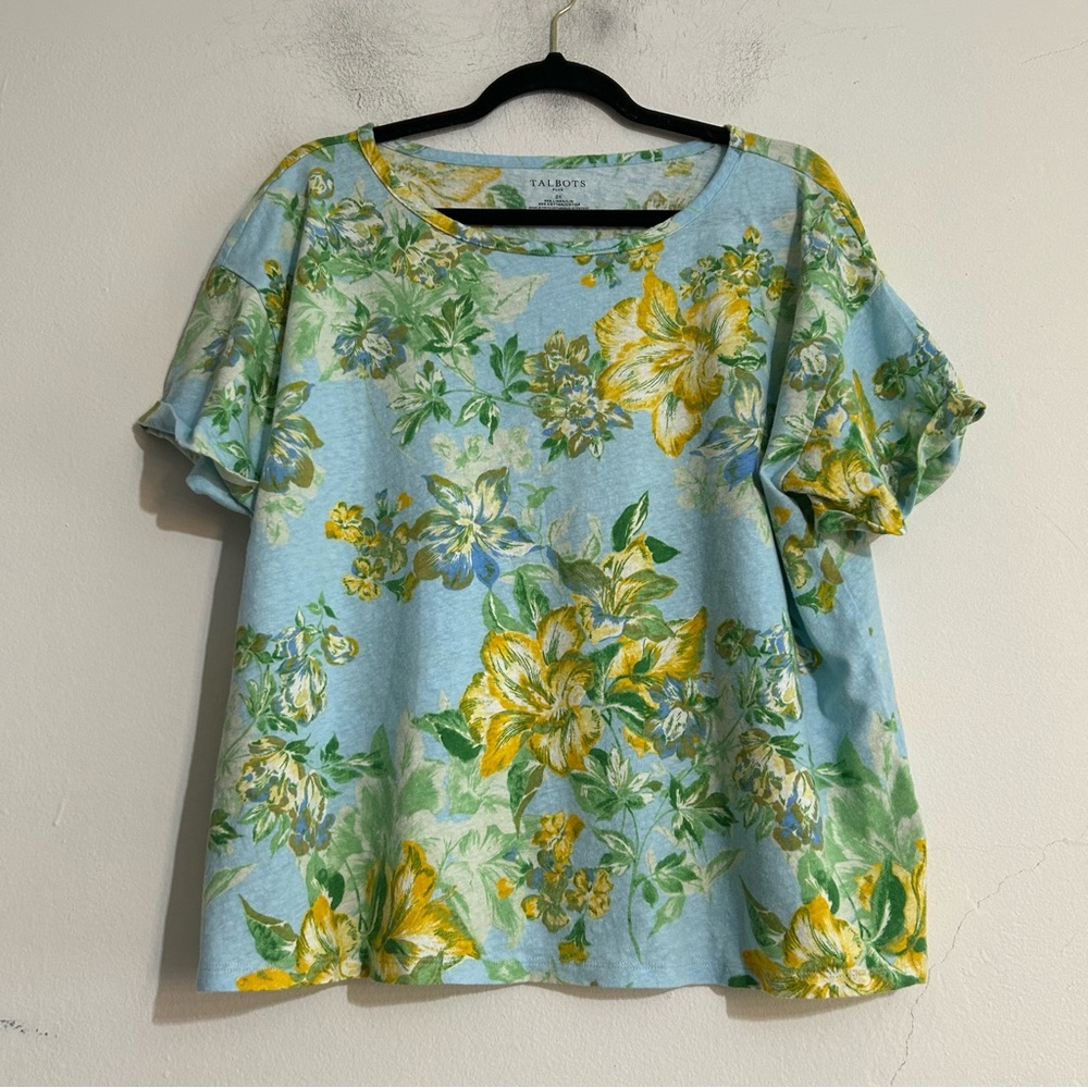 Talbots Blue Yellow Floral Linen Blend Short Sleeve Tee 2X Coastal Beach Summer